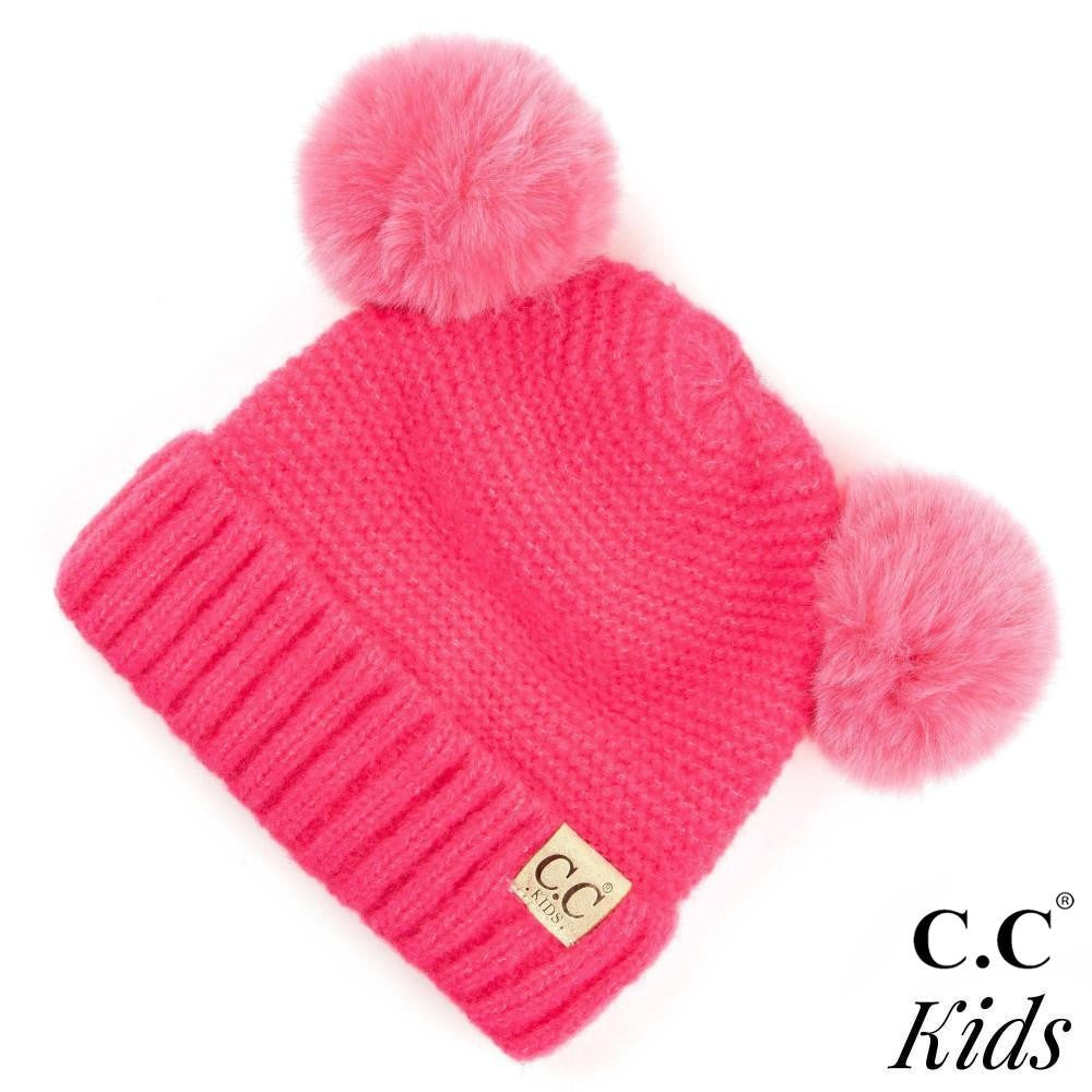 C.C. Kids Ribbed Knit Solid Double Pom Beanie