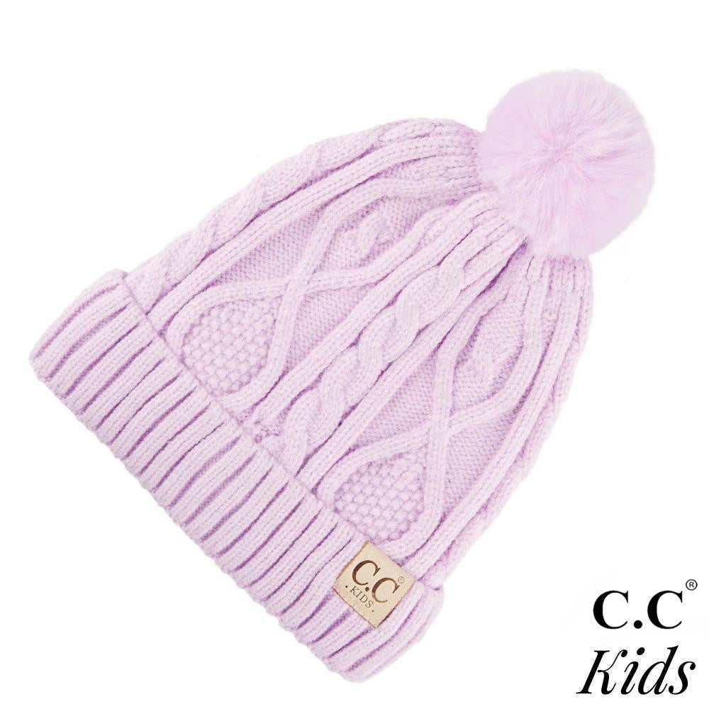 C.C. Kids Fur Lined Cable Knit Pom Beanie