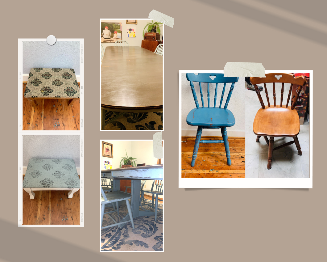 Collage of before and after images featuring an upcycled foot stool, table, and chair.