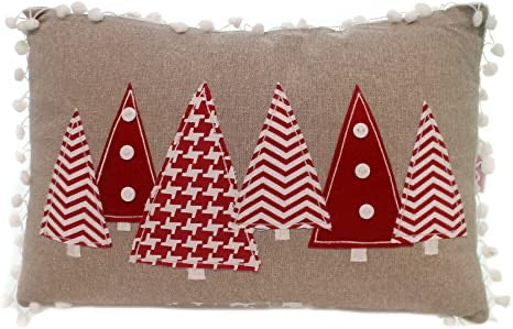 Gray Pillow with Red Christmas Trees & Pom Pom Trim