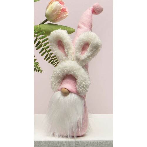 Buddy bunny gnome with bunny ears headband, pink hat, wood nose