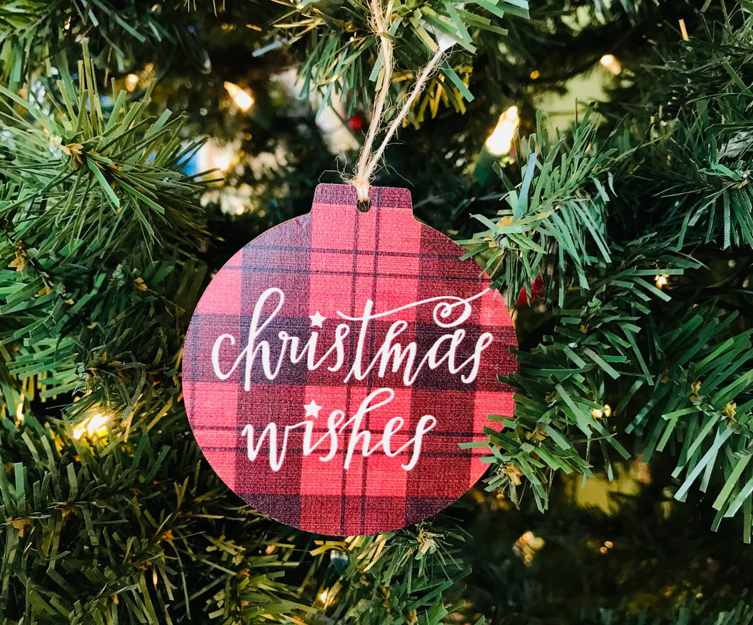 Christmas Wishes Buffalo Plaid Wooden Ornament